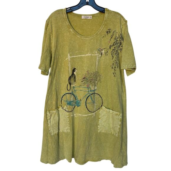 Jess & Jane Chartreuse Mineral Washed Pocket Dress with Cat and Bicycle size XL - Picture 1 of 12